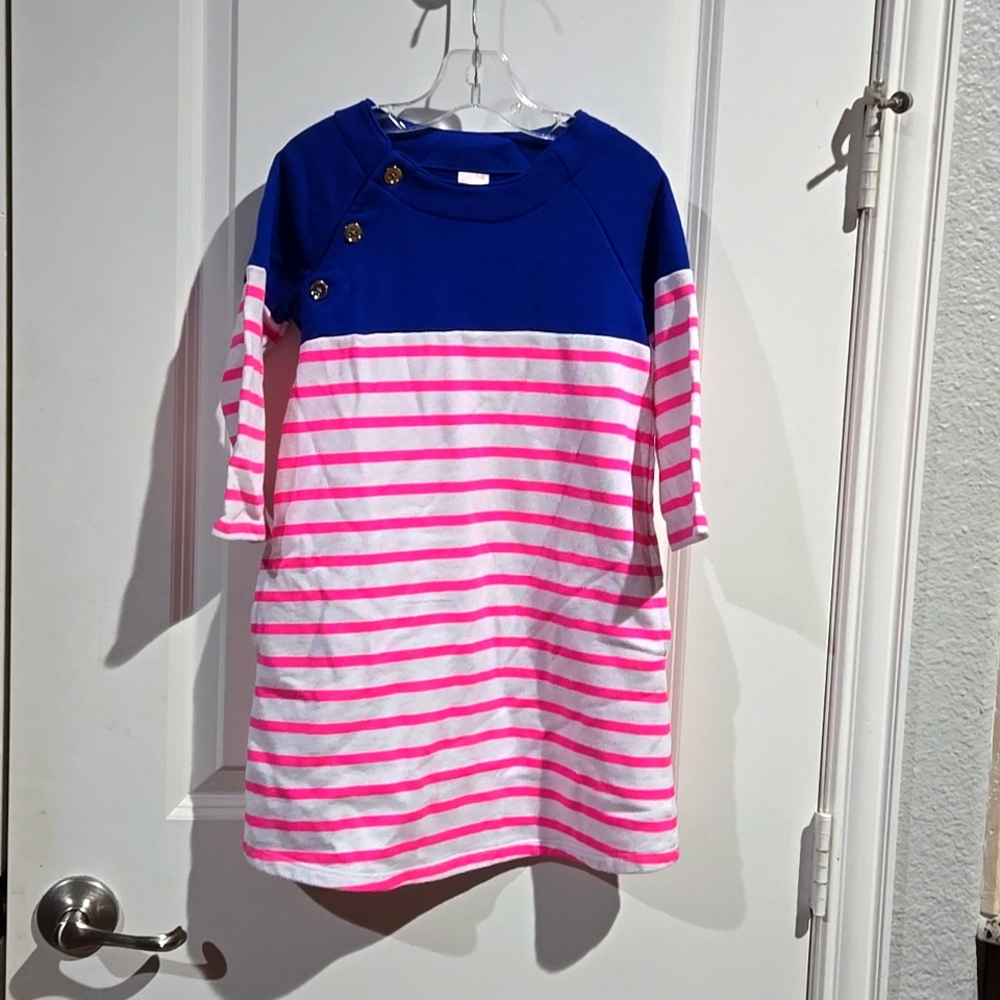 Gymboree French Terry color blocked dress with Gold button detail. size 7